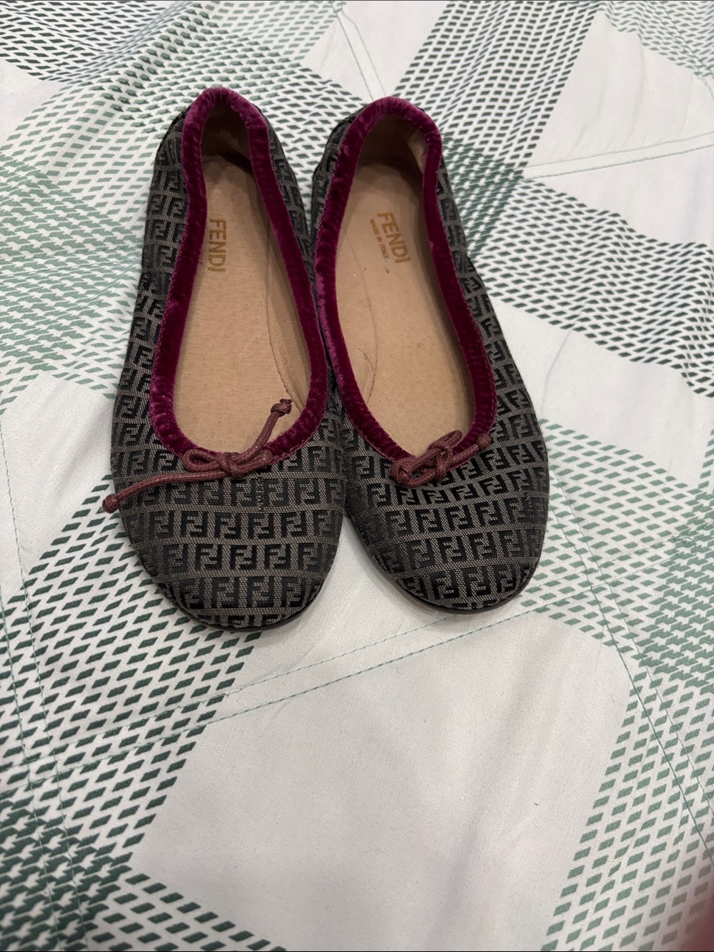 Fendi Black Monogram Ballet Flats with Burgundy Trim